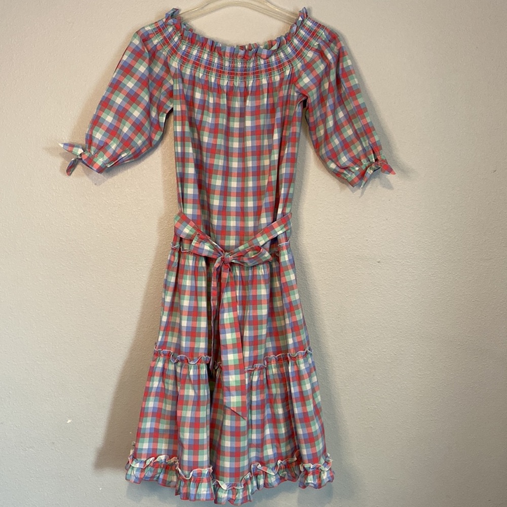 Kate Spade Pink and Blue Plaid Off-Shoulder Midi Dress - Picture 2 of 9